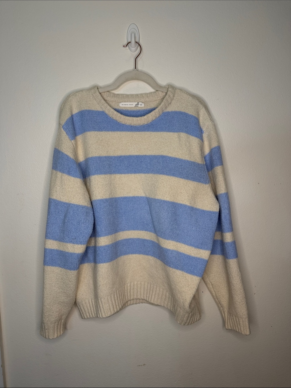 Altar’d State Cozy Striped Crewneck Sweater - Cream & Light Blue